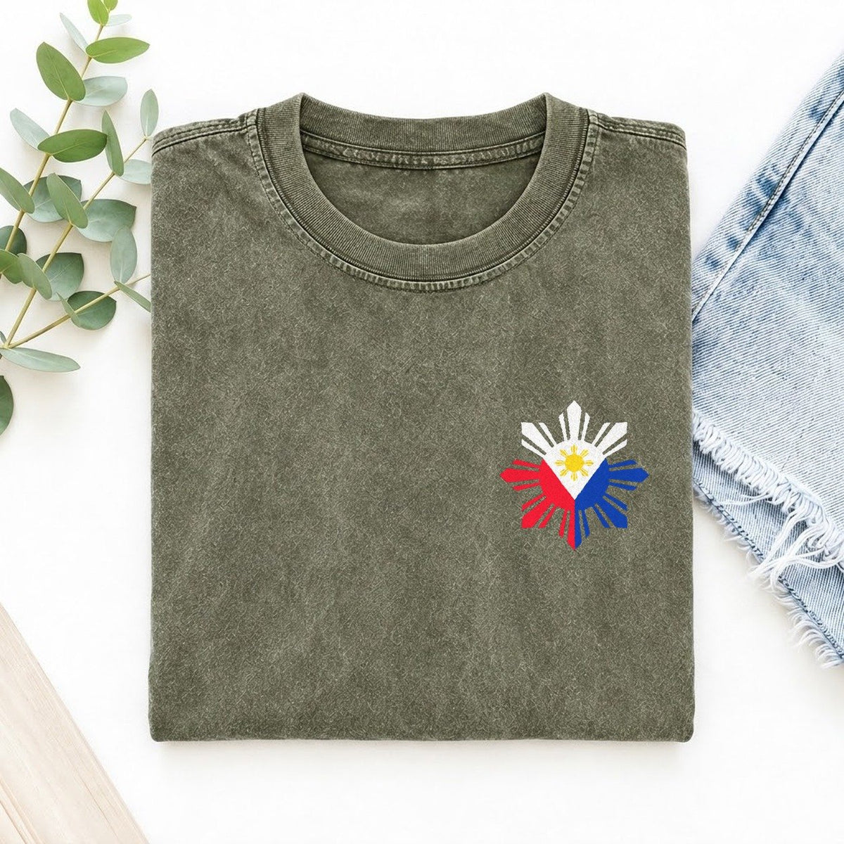 Philippines Sun and Stars Left Chest Vintage T-shirt – Army Green