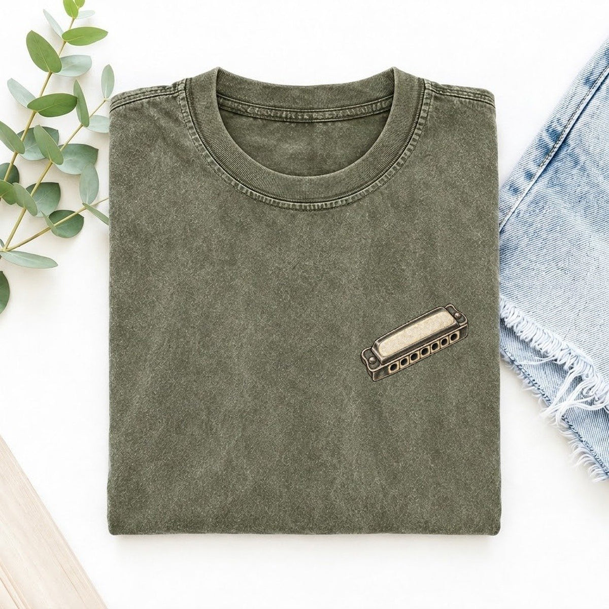 Harmonica Diagonal Keepsake Emblem Left Chest Vintage T-shirt – Army Green