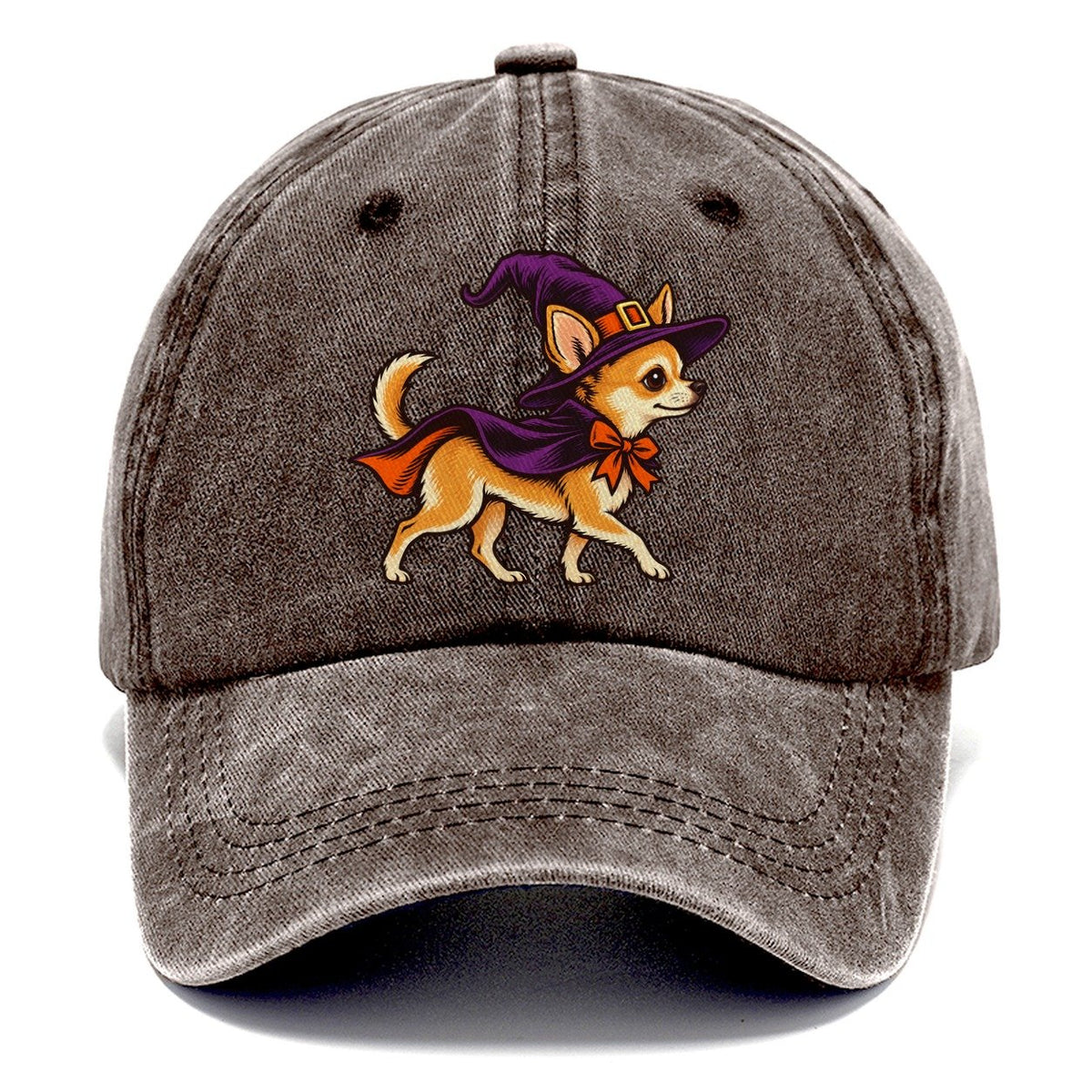 One Chihuahua In Halloween Costume Witch With A Pointed Hat And Tiny Cape Halloween Dog Parade Classic Cap – Brown