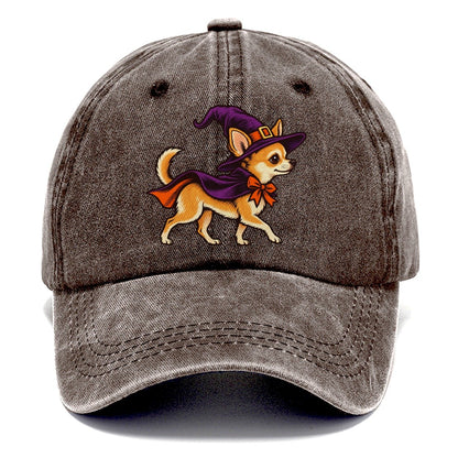 One Chihuahua In Halloween Costume Witch With A Pointed Hat And Tiny Cape Halloween Dog Parade Classic Cap – Brown