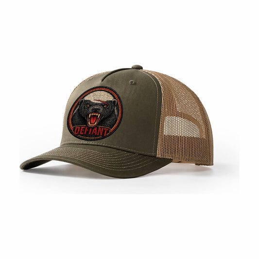 Honey Badger Defiant Badge Trucker Hat – Olive Khaki