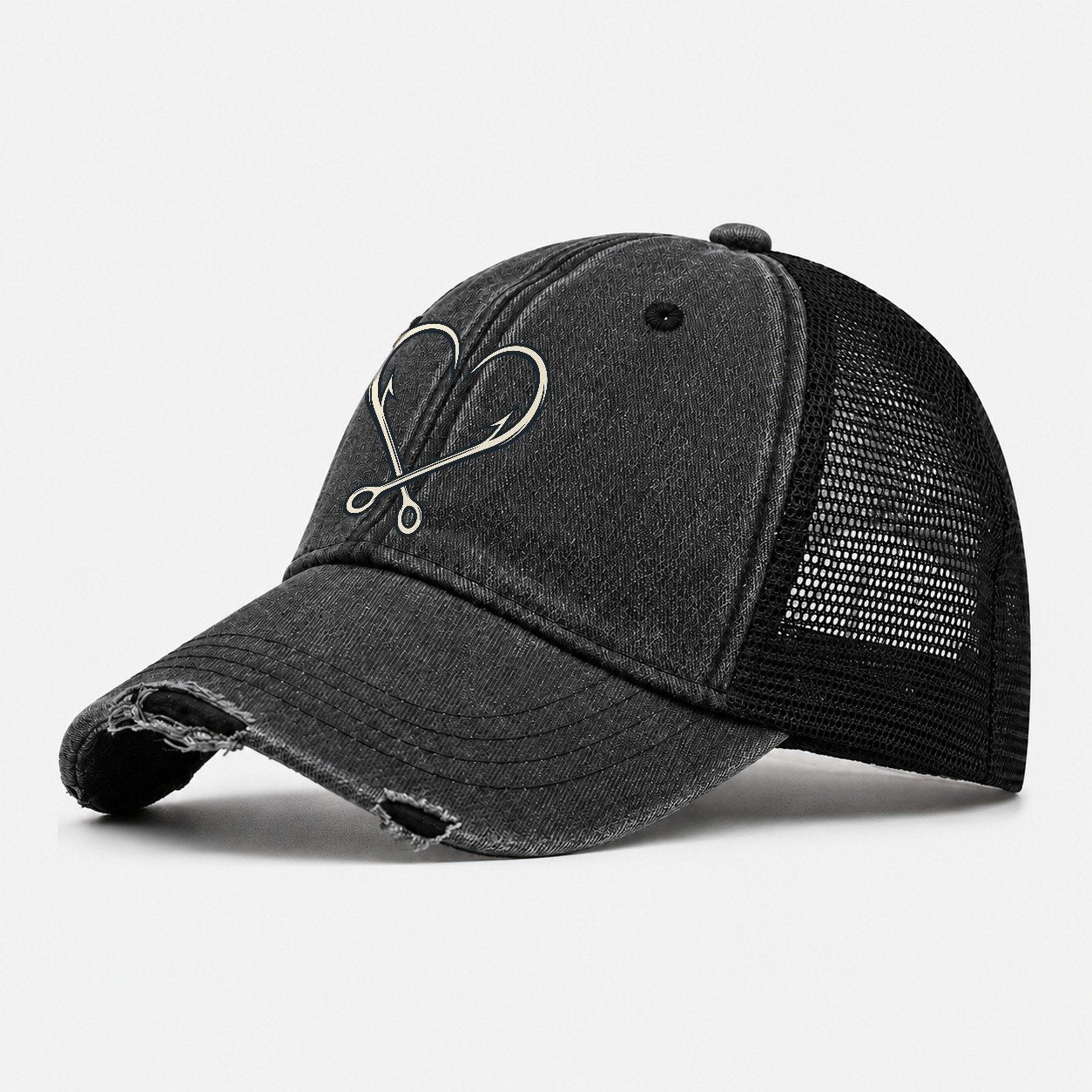 Hook Heart Fishing Elegant Washed Trucker Hat – Black