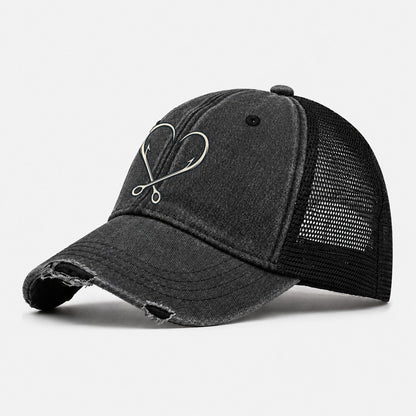 Hook Heart Fishing Elegant Washed Trucker Hat – Black