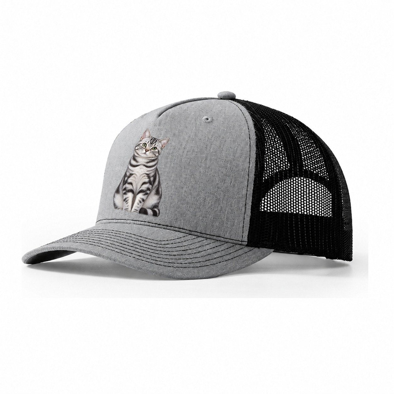American Shorthair Seated Portrait Realistic Cat Portrait Trucker Hat – Sport Grey Black