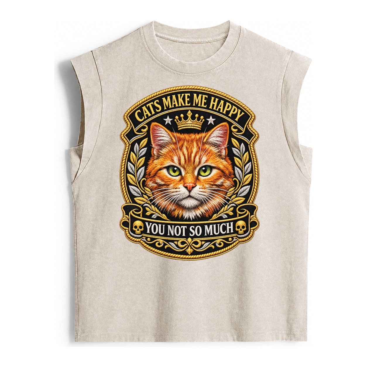 Cats Make Me Happy You Not So Much Cat Face In Orange Cat Pr Vintage Washed Tank – Beige
