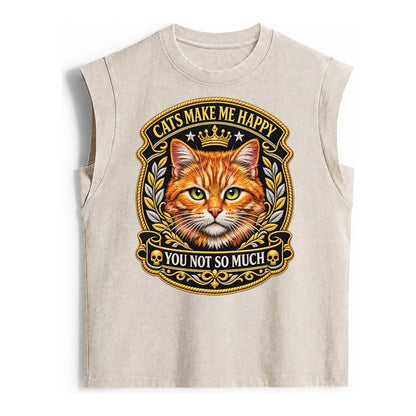 Cats Make Me Happy You Not So Much Cat Face In Orange Cat Pr Vintage Washed Tank – Beige