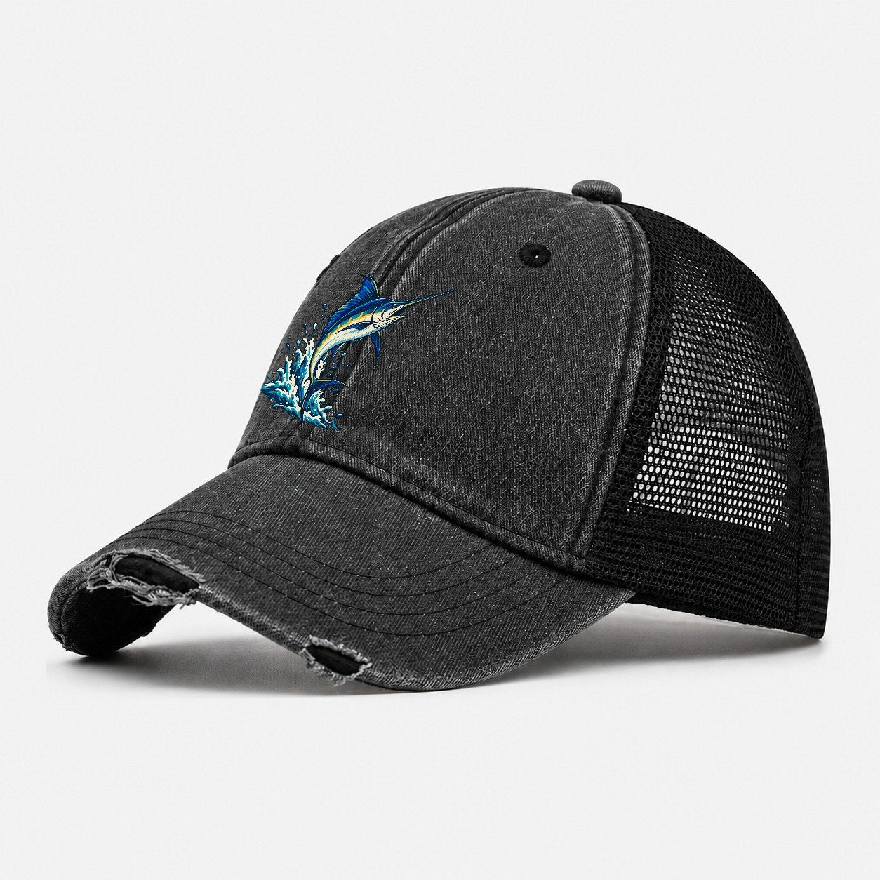 Marlin Leap Fishing Elegant Washed Trucker Hat – Black
