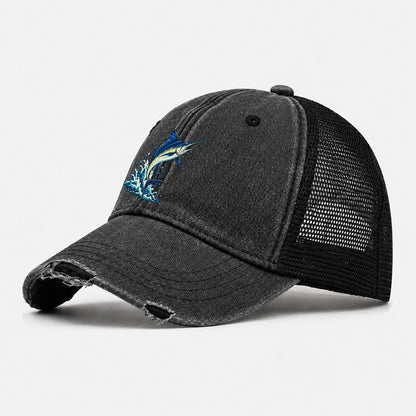Marlin Leap Fishing Elegant Washed Trucker Hat – Black