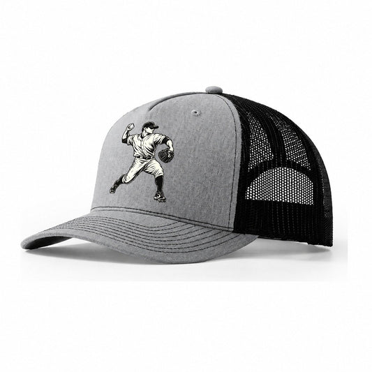 Baseball Pitcher Stride Global Sports Ink Figures Trucker Hat – Sport Grey Black