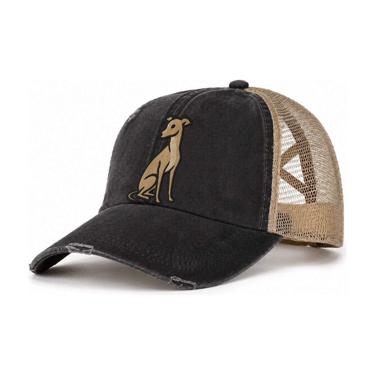 Whippet Fawn Colored Design Women's Ponytail Trucker Hat – Washed Black Khaki