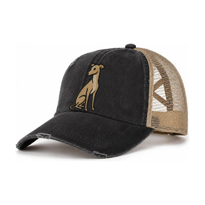 Whippet Fawn Colored Design Women's Ponytail Trucker Hat – Washed Black Khaki