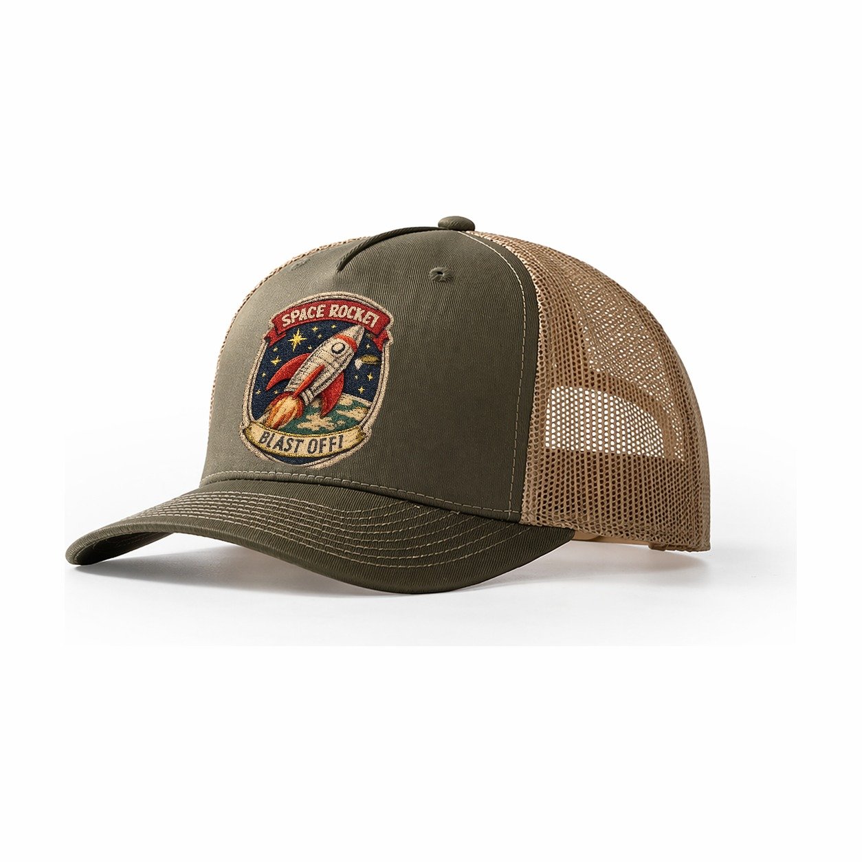 Embroidered Patch Design Retro Rocket 1950s Space Rocket In Trucker Hat – Olive-Khaki