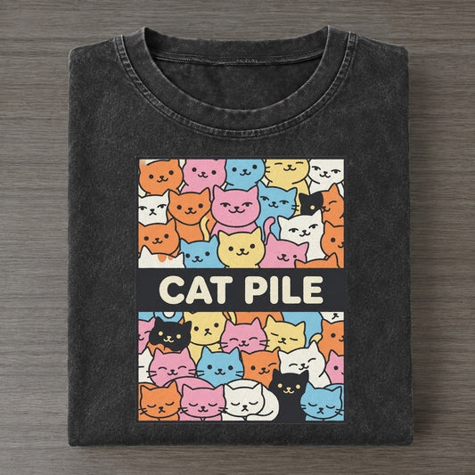 Cat Pile Overcatted Vintage T-shirt – Black