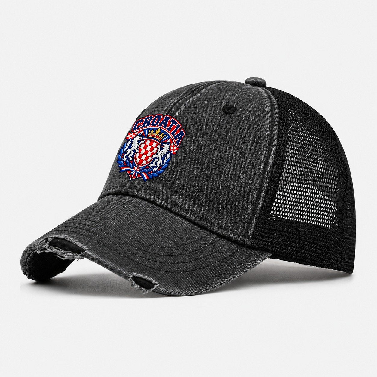 Croatia Retro Badge Country Logos Washed Trucker Hat – Black