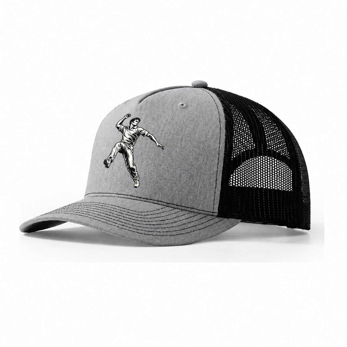 Cricket Fast Bowler Release Global Sports Ink Figures Trucker Hat – Sport Grey Black