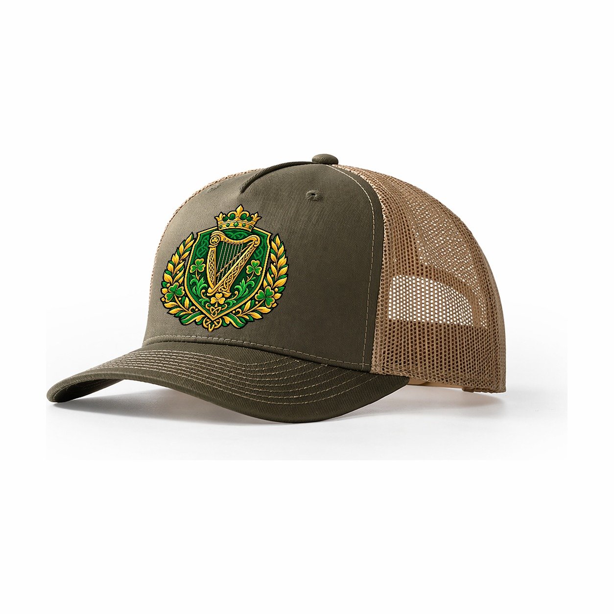 Ireland Heraldic Crest Country Logos Trucker Hat – Olive Khaki