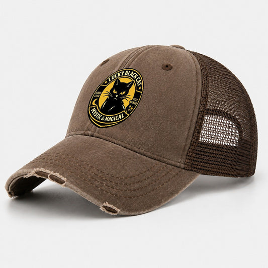 Mystic Feline Emblem Washed Trucker Hat – Coffee