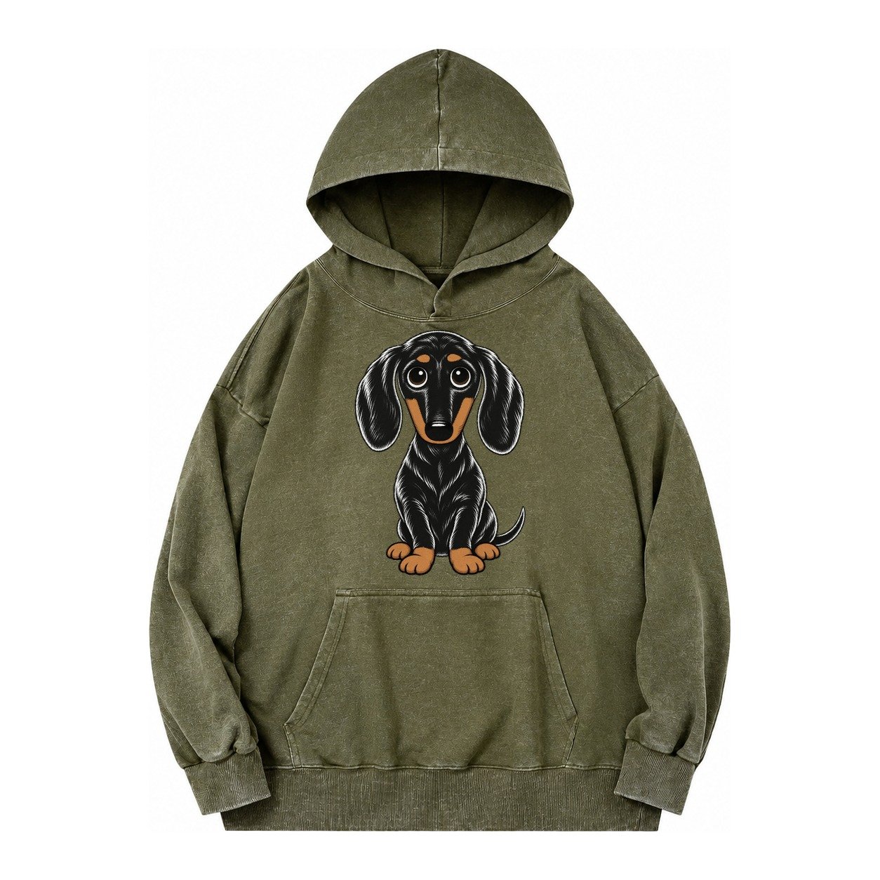 Retro Dachshund Vintage Washed Hoodie – Army Green