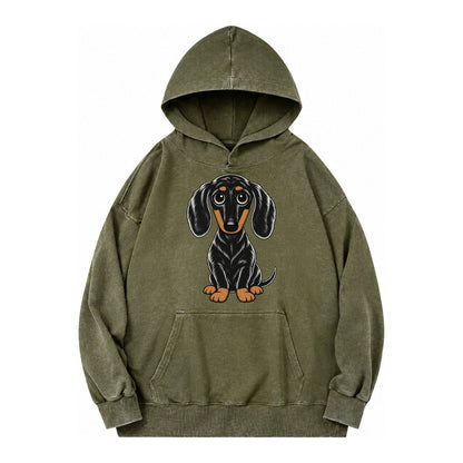 Retro Dachshund Vintage Washed Hoodie – Army Green