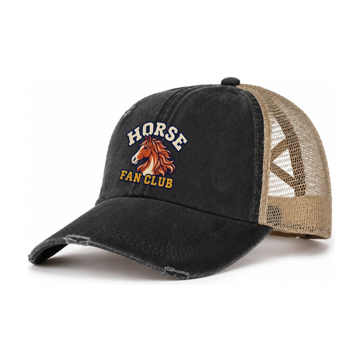 Horse Fan Club Women's Ponytail Trucker Hat – Washed Black Khaki