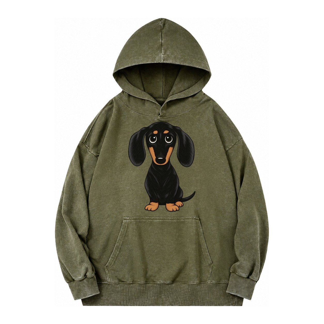 Vintage Style Dachshund Print Vintage Washed Hoodie – Army Green