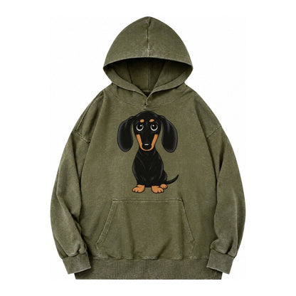 Vintage Style Dachshund Print Vintage Washed Hoodie – Army Green