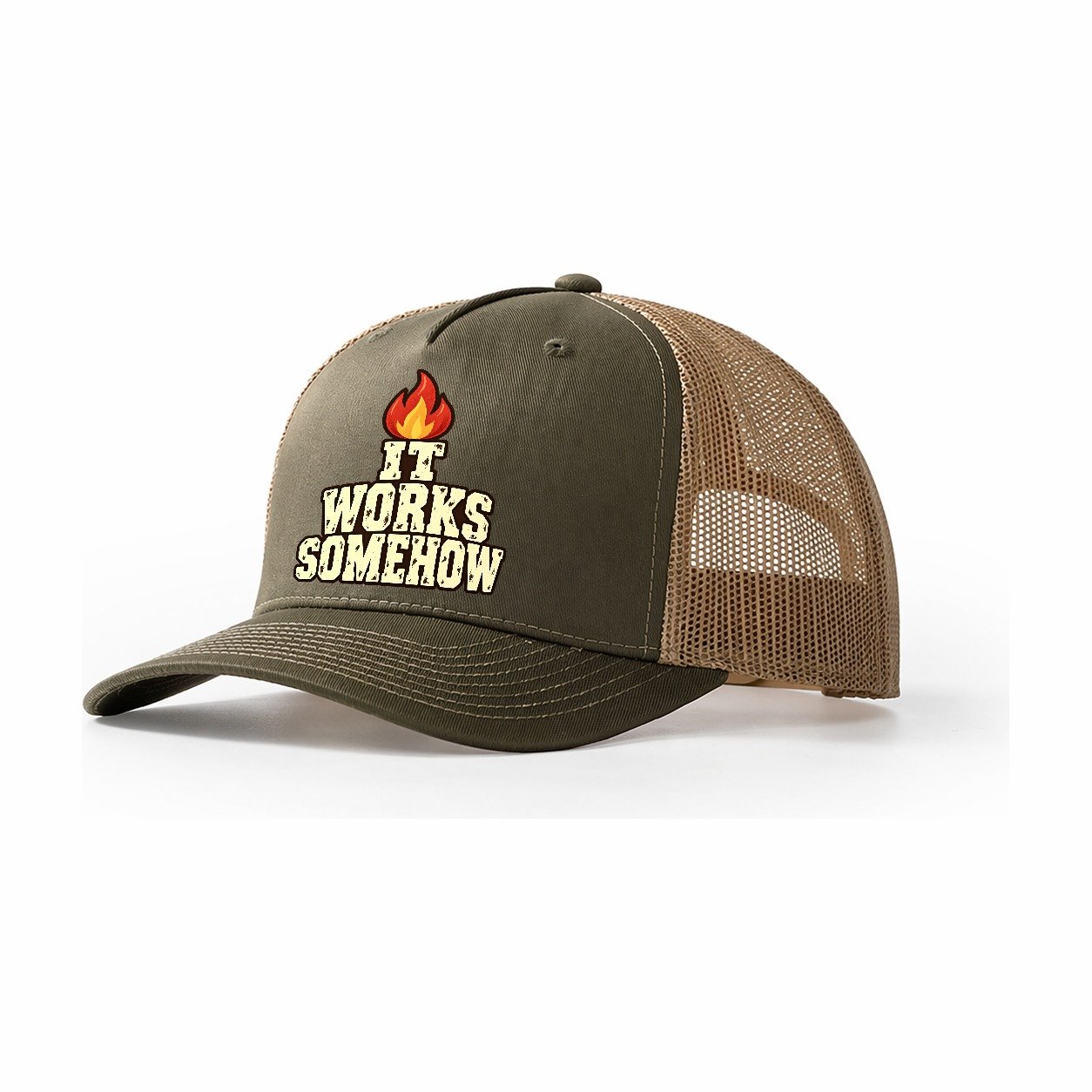It Works Somehow Brew Day Trucker Hat – Olive Khaki