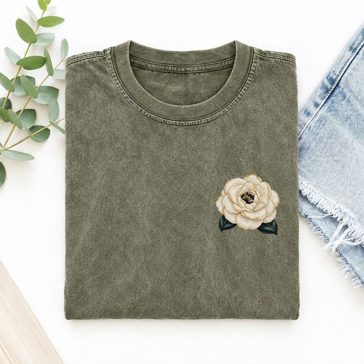 Camellia Double Bloom Left Chest Vintage T-shirt – Army Green