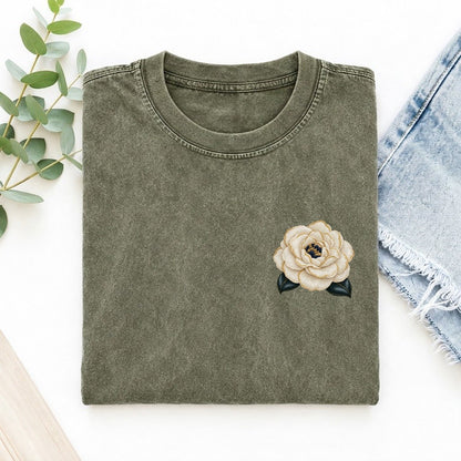 Camellia Double Bloom Left Chest Vintage T-shirt – Army Green