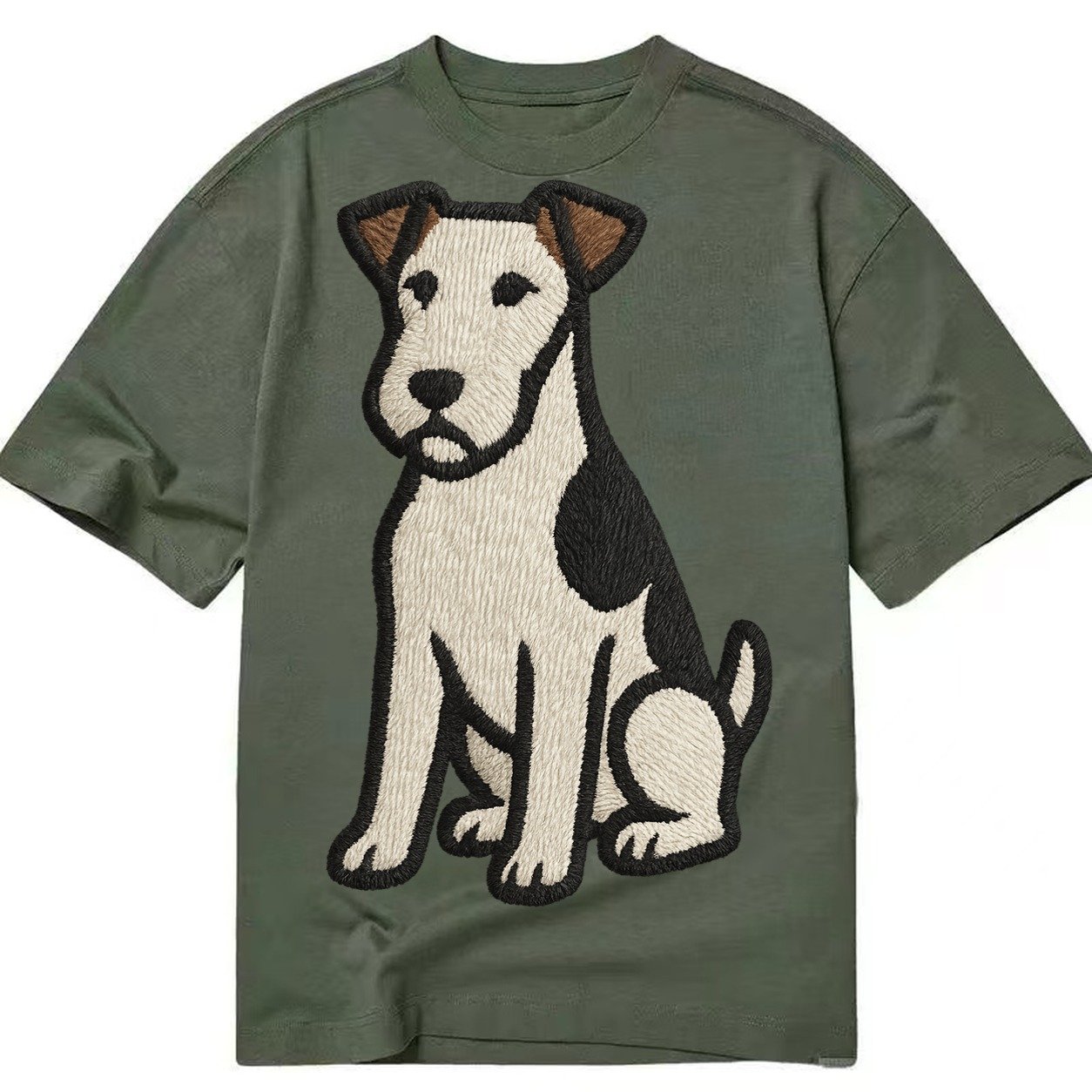 Wire Fox Terrier White With Black Markings Embroidered Desig Classic T-shirt – Army Green