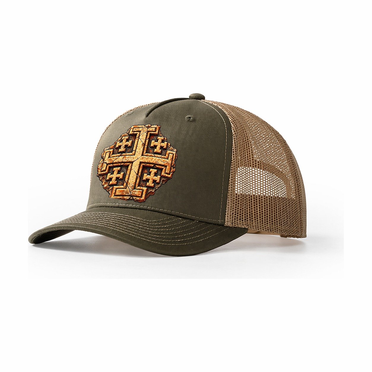 Carved Jerusalem Limestone Relief Jerusalem Cross Trucker Hat – Olive Khaki