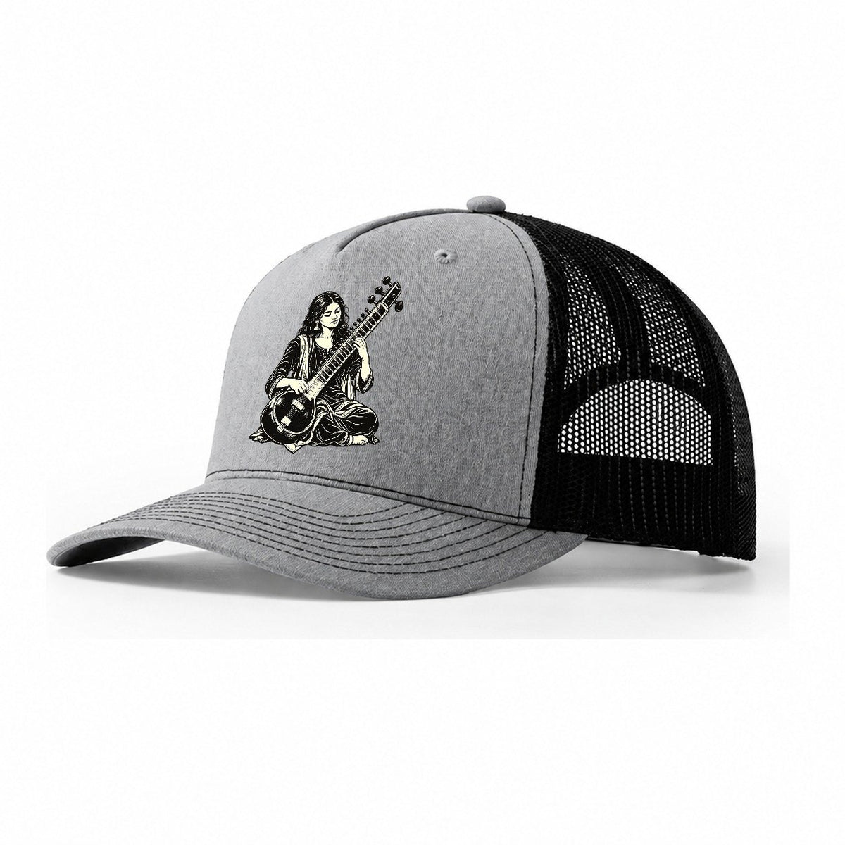 Sitar Plucked Melody Global Music Ink Figures Trucker Hat – Sport Grey Black