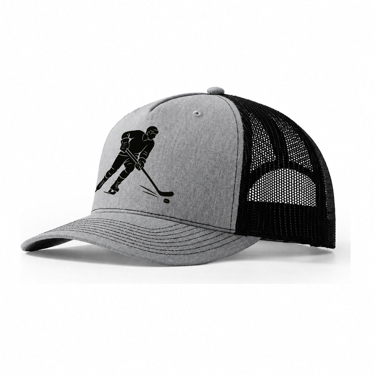 Ice Hockey Player Shooting Puck Trucker Hat – Sport Grey Black