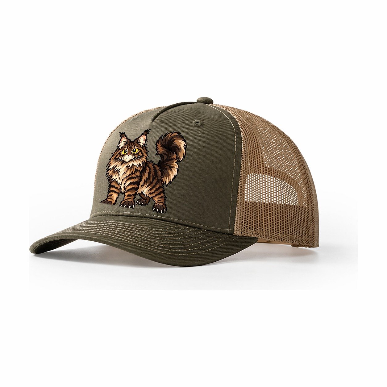 Maine Coon Standing Proud Peeking Cats Trucker Hat – Olive Khaki
