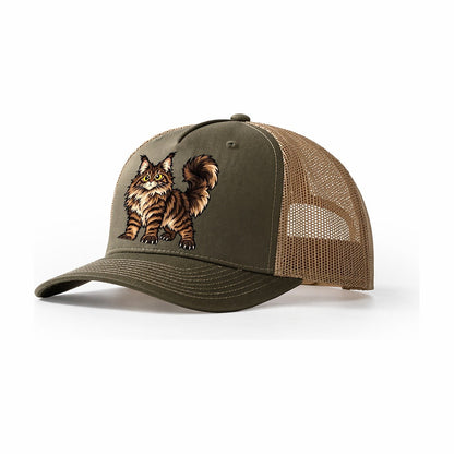 Maine Coon Standing Proud Peeking Cats Trucker Hat – Olive Khaki