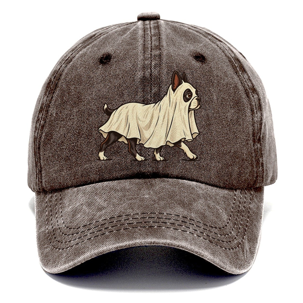 One Boston Terrier In Halloween Costume Ghost Draped In A Simple Sheet With Cut Eye Holes Halloween Dog Parade Classic Cap – Brown