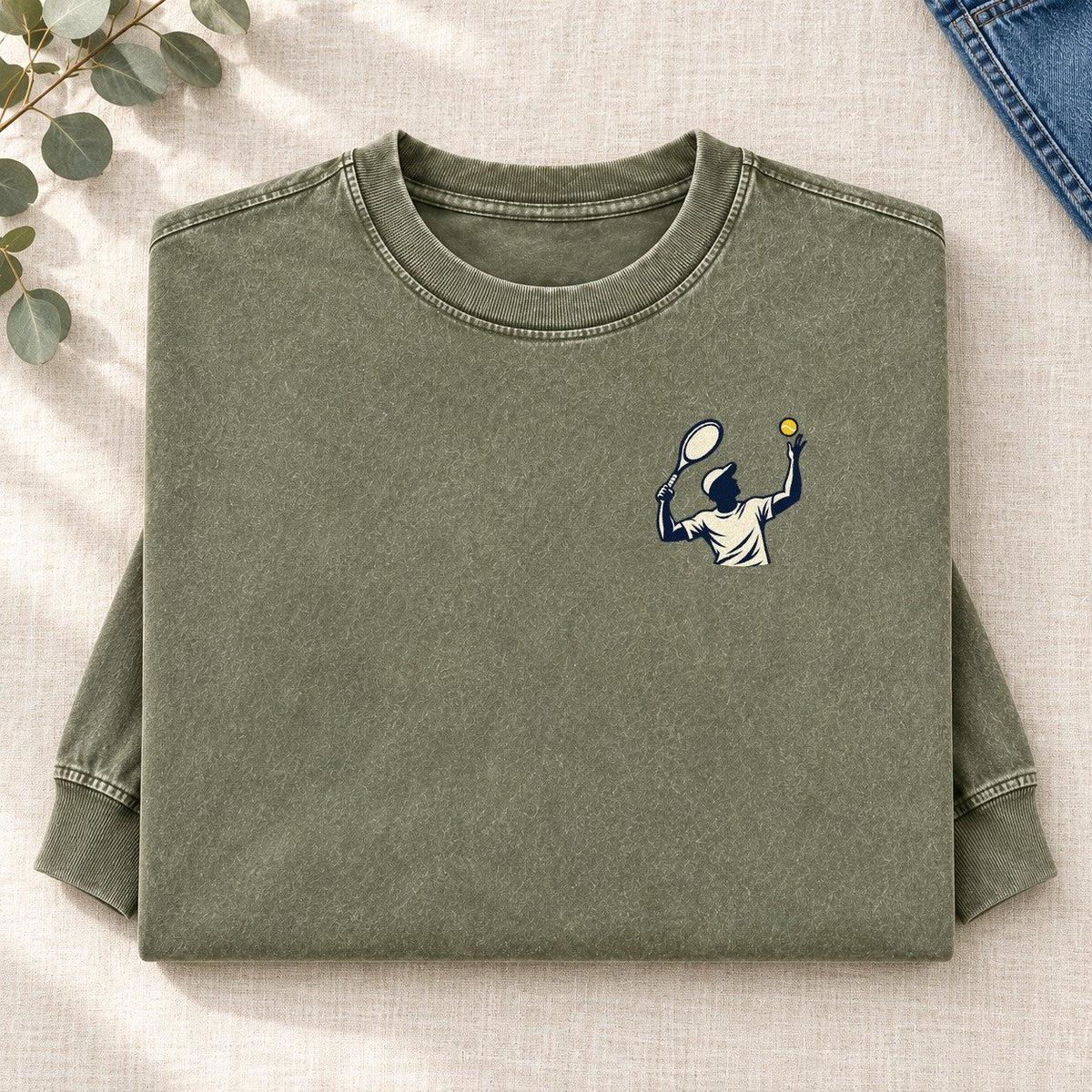 Tennis Serve Left Chest Washed Long Sleeve T-Shirt – Army Green