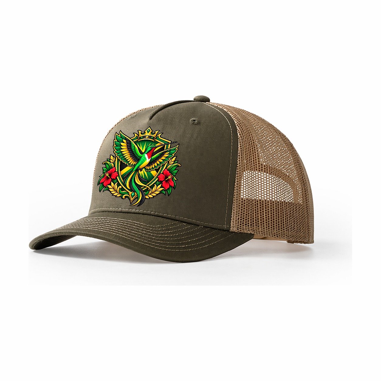 Jamaica Heraldic Crest Country Logos Trucker Hat – Olive Khaki