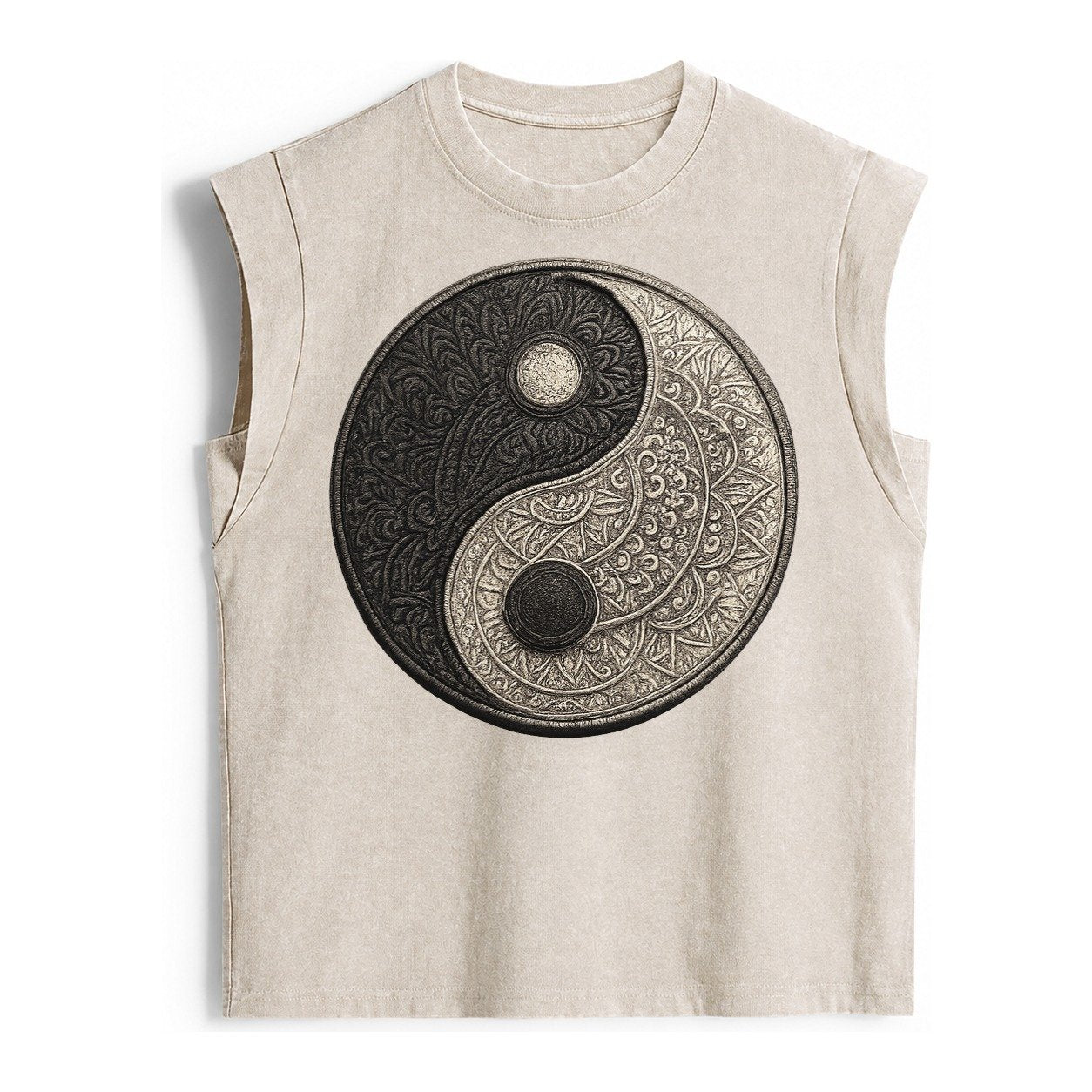 Mandala Yin Yang Pattern Vintage Washed Tank – Beige