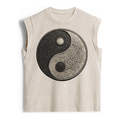Mandala Yin Yang Pattern Vintage Washed Tank – Beige