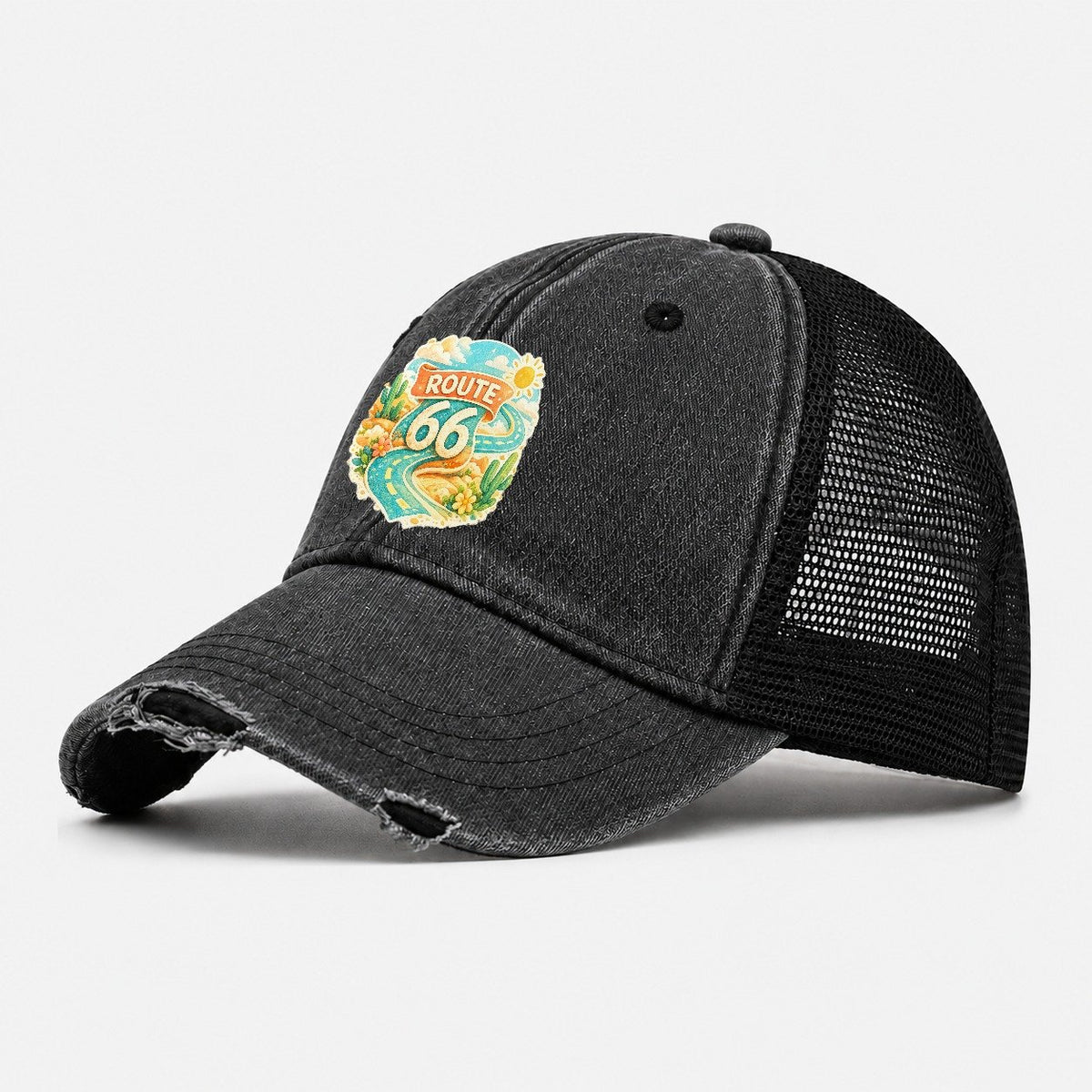 Route 66 Highway Shield Washed Trucker Hat – Black