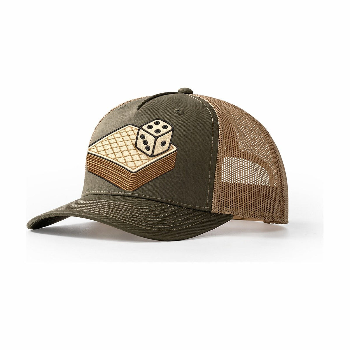 Face Down Card Deck With A Die On Top Board Games Trucker Hat – Olive Khaki