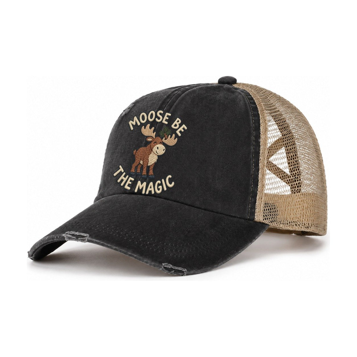 Moose Animal Puns Women's Ponytail Trucker Hat – Washed Black Khaki