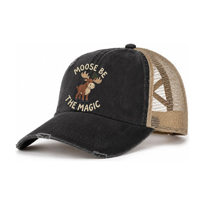 Moose Animal Puns Women's Ponytail Trucker Hat – Washed Black Khaki