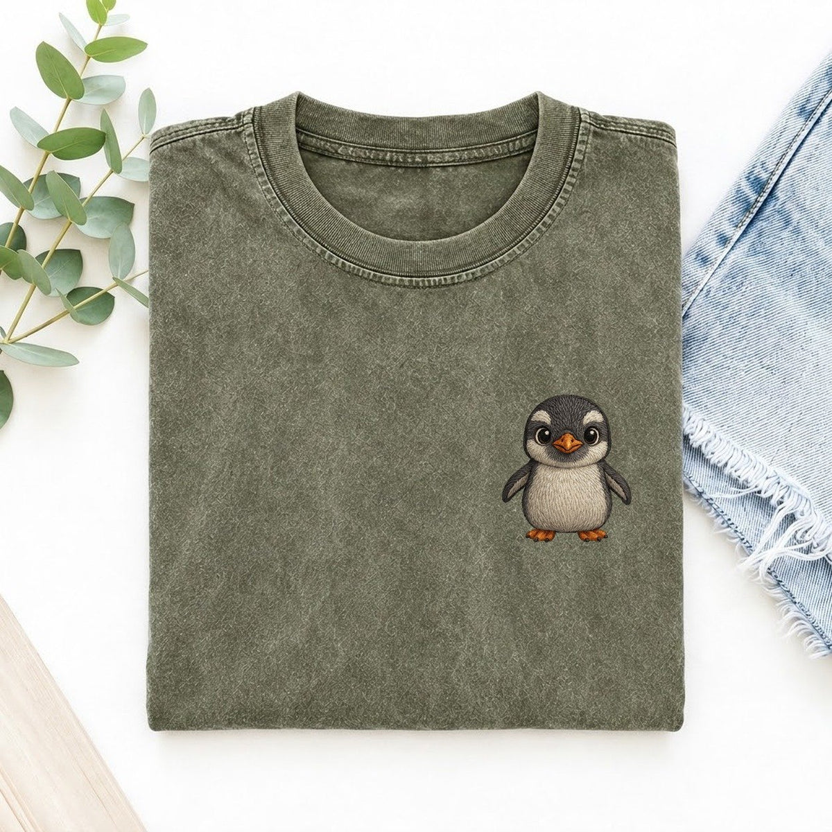 Baby Gentoo Penguin Left Chest Vintage T-shirt – Army Green