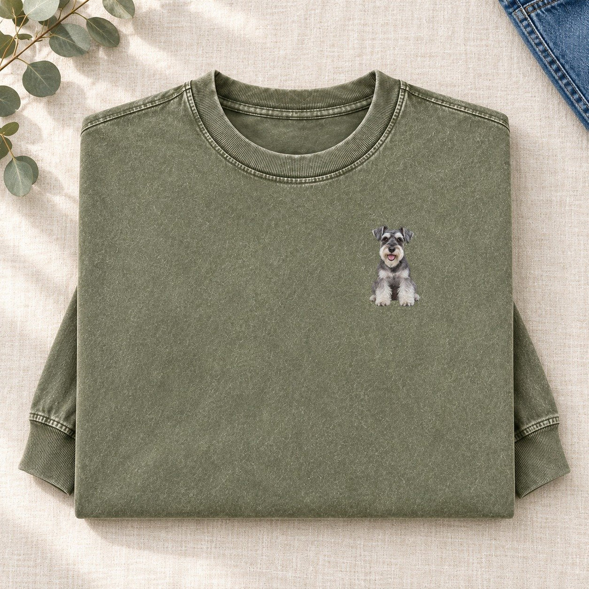 Miniature Schnauzer Sitting Left Chest Washed Long Sleeve T-Shirt – Army Green