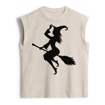 202308151409 Witch On Broom 4 Vintage Washed Tank – Beige