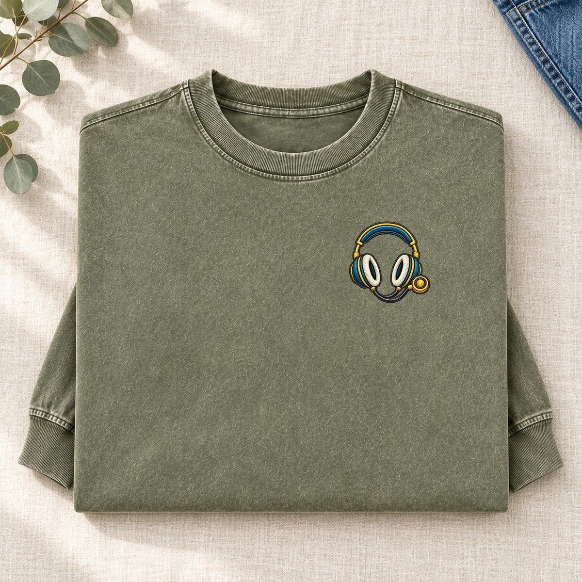 Headphone Therapy Left Chest Washed Long Sleeve T-Shirt – Army Green