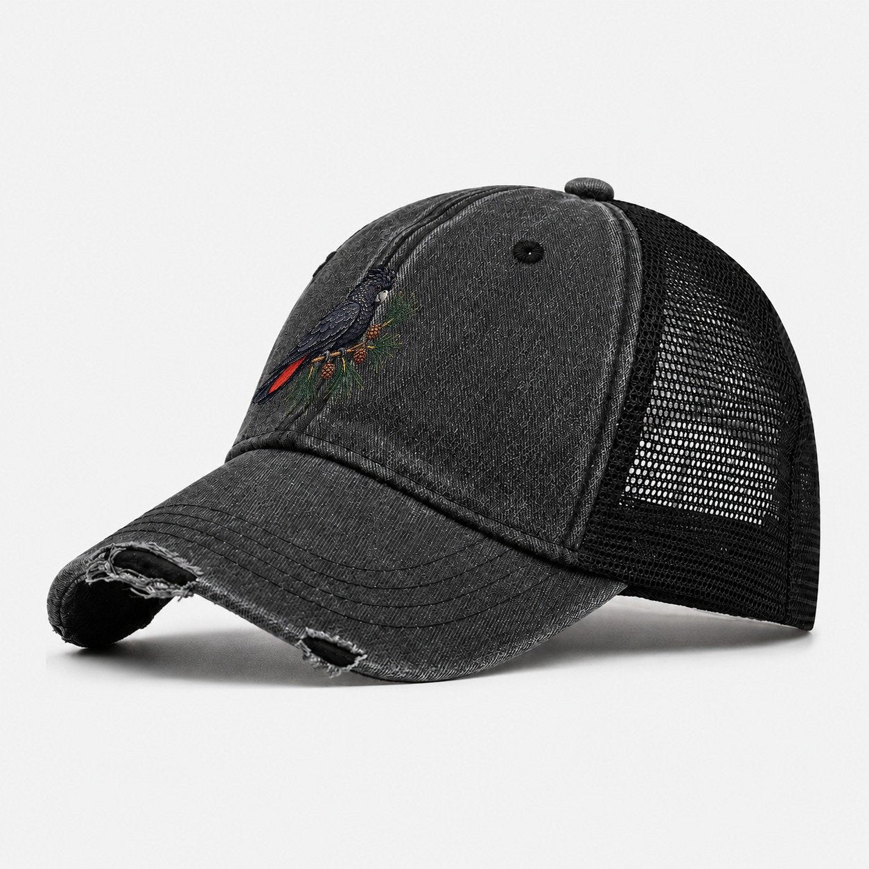 Glossy Black Cockatoo And She Oak Cones Australia Cultural Icons Washed Trucker Hat – Black
