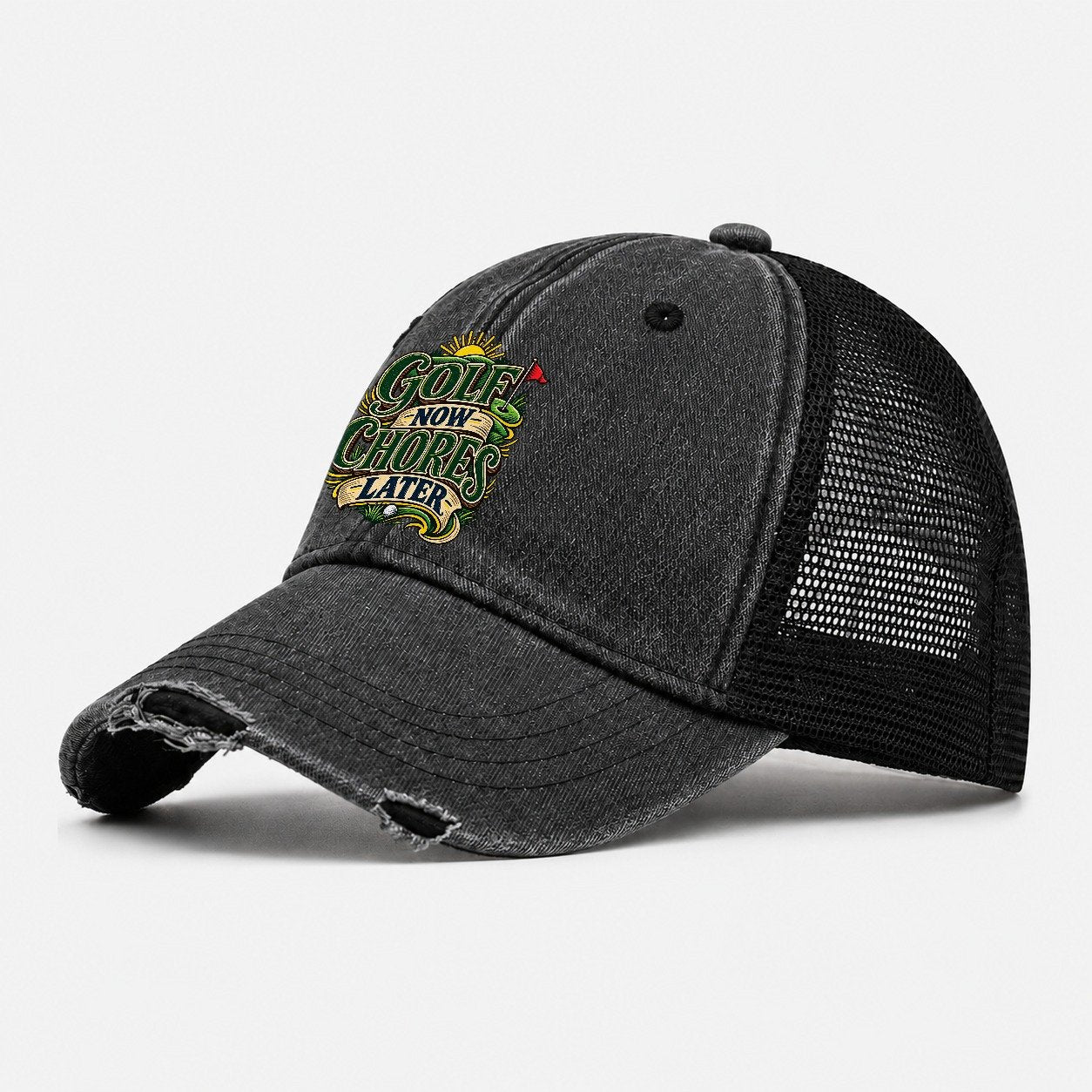Golf Now Chores Later Retired Living Washed Trucker Hat – Black